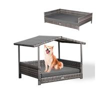 ULTRALARK Rattan Dog House with Cushion, Dog Bed in House Shape, Outdoor Dog Kennel, Steel Frame, Plastic, Grey, 103 x 69 x 73 cm
