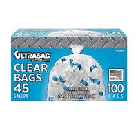 Ultrasac Heavy Duty 45 Gallon Garbage Bags (Huge 100 Pack w/Ties) - 40" x 46" - Industrial Quality Clear Trash Bags for Paper, Plastic, Cans, Bottles, Newspaper, Grass, Lawn (Packaging may vary)