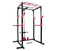 Ultrasport Mixte Banc de Musculation/Cage à Squats en Acier Massif, avec 2 Barres de Sécurité, Barre de Traction, Barre de Dips, Rameur - Noir/Rouge, 145.5 x 141 x 213.5 cm