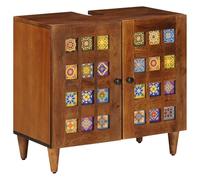 ULUYYUC Buffet de salle de bain en bois de manguier et noyer - 62 x 33 x 58 cm - Avec 2 portes et pieds en métal - Meuble de salle de bain moderne - Petit meuble à chaussures pour couloir, cuisine