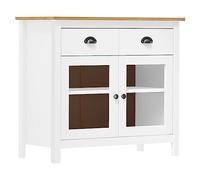 ULUYYUC Buffet Hill 90x40x80 cm en pin Massif Blanc et Marron Miel avec 2 tiroirs 2 étagères et Portes vitrées pour Cuisine Salon ou Salle à Manger
