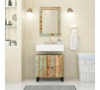 ULUYYUC Ensemble de 2 meubles de salle de bain en bois massif recyclé avec miroir 62 x 33 x 58 cm Pieds en fer Multicolore Design rétro moderne Grand espace de rangement pour les petites toilettes