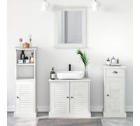 ULUYYUC Ensemble de meubles de salle de bain 4 pièces blanc vieilli en pin massif 37 x 34 x 110 cm avec miroir, 9 tiroirs, 8 étagères, look robuste, design moderne pour salle de bain, WC, couloir