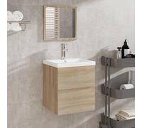 ULUYYUC Ensemble de meubles de salle de bain - Chêne Sonoma - 41 x 38,5 x 45 cm - Avec miroir - Matériau bois - Espace de rangement - Tiroir - Montage mural - Pour toilettes d'invités - Petite salle