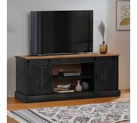 ULUYYUC Halden Armoire TV 150 x 40 x 60 cm en pin massif noir avec 2 portes coulissantes et compartiment de rangement - Meuble de rangement pour salon, chambre à coucher, couloir