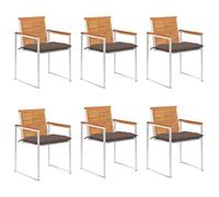 ULUYYUC Lot de 6 chaises de Jardin extérieur empilables 60x56x85 cm Bois d’Acacia huilé Fini Teck Aspect, Coussin Taupe 7 cm, Acier INOX 304, transat bistrot terrasse Balcon Camping Salle à Manger