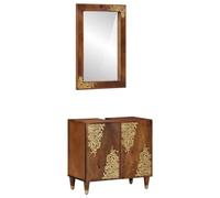 ULUYYUC Meuble de lavabo massif marron miel avec miroir - 62 x 33 x 58 cm - Armoire de salle de bain qui attire tous les regards - Avec impression dorée et poignées en laiton - Pour décoration moderne