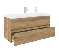 ULUYYUC Meuble sous-lavabo avec bac encastrable et robinet chêne artisan blanc 100 x 38,5 x 45 cm en céramique trop-plein pop-up kit complet moderne pour salle de bain et WC invités