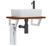 ULUYYUC Plateau de lavabo 60 x 40 cm en chêne massif avec support en acier flottant design moderne marron foncé blanc robuste et durable pour salle de bain, invités, WC, salle de bain d'invités