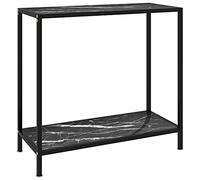 ULUYYUC Table console noire 80 x 35 x 75 cm en verre trempé aspect marbre | Élégante table d'appoint avec étagère pour couloir et salon, plateau en verre facile d'entretien en grain de pierre.