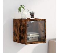 ULUYYUC Table de chevet en chêne fumé - 35 x 37 x 35 cm - Montage mural - Avec porte en verre - Espace de rangement - Design moderne et robuste - Pour chambre à coucher, couloir et salon