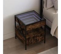 ULUYYUC Table de Chevet Industrielle avec Miroir LED Infini 40x40x51 cm Bois d'ingénierie chêne fumé Cadre Acier Structure Robuste Meuble Rangement Nuit Style Moderne pour Chambre Salon Bureau