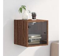 ULUYYUC Table de chevet murale moderne en chêne marron 35 x 37 x 35 cm avec porte en verre - Table d'appoint peu encombrante pour chambre à coucher, salon, couloir