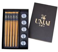 UMAI Ensemble de baguettes japonaises réutilisables | 5 paires + 5 supports céramiques | Parfait pour aliments chinois et sushis | Étui élégant cadeau