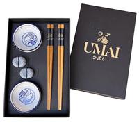 UMAI Ensemble de sushis | Comprend 2 paires de baguettes japonaises réutilisables + 2 bols de soja + 2 supports en céramique | Parfait pour les aliments chinois et sushis | Coffret élégant idéal pour