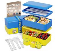 Umami Bento Lunch Box, Couverts & 2 Pots à Sauce Inclus, Boîte à Lunch Étanche, Lunchbox Adulte, Micro-Ondable, Boîte Repas Compartimentée, Bleu et Or, 1200 ml