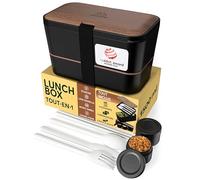 Umami Bento Lunch Box, Couverts & 2 Pots à Sauce Inclus, Boîte Repas Encastrable, Lunchbox Micro-Ondable, Boîte à Lunch Adulte Compartimentée, Bento Box, Noyer Noir, 1500 ml