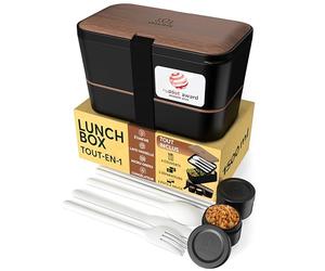 Umami Bento Lunch Box, Couverts & 2 Pots à Sauce Inclus, Boîte Repas Encastrable, Lunchbox Micro-Ondable, Boîte à Lunch Adulte Compartimentée, Bento Box, Noyer Noir, 1500 ml