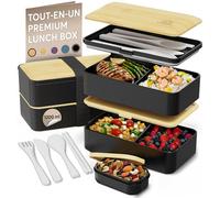 Umami Bento Lunch Box, Couverts & Pot à Sauce Inclus, Boite Repas Étanche, Lunchbox Micro-Ondable, Boîte à Lunch Adulte compartimentee, Noir et Bambou, 1200 ml