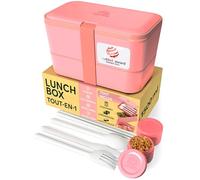 Umami Bento Lunch Box, Couverts & 2 Pots à Sauce Inclus, Boîte Repas Encastrable, Lunchbox Micro-Ondable, Boîte à Lunch Adulte Compartimentée, Bento Box, Rose Corail, 1500 ml
