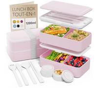 Umami Boîte Bento 1200 ml – Compartimentée, Étanche, Micro-ondable, Couverts & 2 pots (Rose Kawaii)