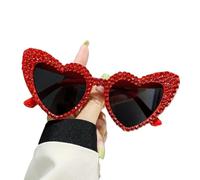 umass Lunettes de soleil en forme de cœur avec monture en diamant et perles pour femme, Rouge, only glasses