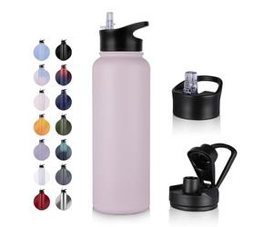 UMBFUN Bouteille d'eau en Acier Inoxydable - 1.2L avec Paille,anti-fuite,Gazéifiée,BPA free Gourde Thermos(+2 Couvercles) Isolation Double Paroi Sous Vide pour Sport,Voyage,Camping,école,Vélo,Gym