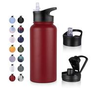 UMBFUN Bouteille d'eau en Acier Inoxydable - 1L avec Paille,anti-fuite,Gazéifiée,BPA free Gourde Thermos(+2 Couvercles) Isolation Double Paroi Sous Vide pour Sport,Voyage,Camping,école,Vélo,Gym
