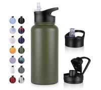 UMBFUN Bouteille d'eau en Acier Inoxydable - 1L avec Paille,anti-fuite,Gazéifiée,BPA free Gourde Thermos(+2 Couvercles) Isolation Double Paroi Sous Vide pour Sport,Voyage,Camping,école,Vélo,Gym
