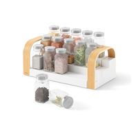 Umbra Bellwood Étagère à épices extensible, trois niveaux, Blanc/Naturel | Bois durable, s'étend de 30 à 61 cm, grande capacité, sans assemblage, Plastique recyclé