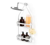 Umbra Flex Étagère de douche, sans perçage, 2 tablettes, Blanc | Drainage intégré anti-moisissure, silicone souple, 4 supports flacons inversés, montage sur tringle ou pomme