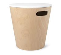 UMBRA Woodrow Storage Stool. Tabouret de rangement Woodrow. Tabouret rond en bois naturel et couvercle laqué blanc, idéal pour les petits espaces, 40.6x42cm, en bois naturel et laqué blanc.