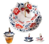 Umbrella Shape Ceramic Tea Strainer, Blue & White Porcelain Tea Strainer Set, Loose Leaf Filter with Matching Base, for Beverage Brewing (Red Peony)