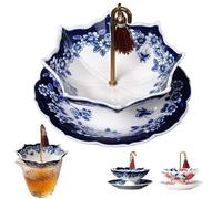 Umbrella Shape Ceramic Tea Strainer, Blue & White Porcelain Tea Strainer Set, Loose Leaf Filter with Matching Base, for Beverage Brewing (Blue Flora)