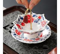Umbrella Shape Ceramic Tea Strainer, Chinese Blue & White Porcelain Loose Leaf Tea Filter with Matching Base, For Kung Fu/Coffee/Brewing (Red)