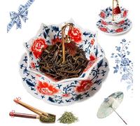 Umbrella Tea Strainer, Blue and White Porcelain Infuser for Loose Leaf, Rotating Ceramic Filter with Matching Base, Brewing Accessories for Home Use (Peony red)