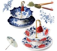 Umbrella Tea Strainer, Blue and White Porcelain Infuser for Loose Leaf, Rotating Ceramic Filter with Matching Base, Brewing Accessories for Home Use (2PCS)