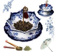 Umbrella Tea Strainer, Blue and White Porcelain Infuser for Loose Leaf, Rotating Ceramic Filter with Matching Base, Brewing Accessories for Home Use (Blue and white porcelain blue)