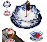 Umbrella Tea Strainer,Blue and White Porcelain Umbrella Tea Strainer, Chinese Blue & White Porcelain Loose Leaf Filter with Rotating Design, for Kung Fu/Coffee/Brewing (Blau,Mit Keramiktasse)