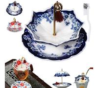 Umbrella Tea Strainer,Blue and White Porcelain Umbrella Tea Strainer, Chinese Blue & White Porcelain Loose Leaf Filter with Rotating Design, for Kung Fu/Coffee/Brewing (Blau,Ohne Keramiktasse)
