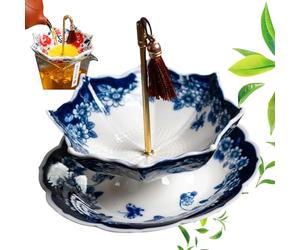 Umbrella Tea Strainer, Decorative Tea Filter Infuser Set, Traditional Chinese Styles Ceramic Filter Umbrella Shape for Experience Filter Residues Kung Fu Filters Table Accessory Home Decor (Blue)