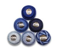 UMC STAG Lot de 6 pelotes de fil à broder en coton perlé, mesure 8, 100% coton égyptien pour crochet, fil à broder au point de croix, certifié Oeko TEX, 10 grammes par pelote (teinte bleue)