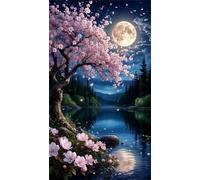 Umfarvt 5D Diamond Art Painting,Lake Tree Moon Diamond Painting Kits for Adults,DIY Round Full Drill Canvas Embroidery Cross Stitch,Diamond Arts Crafts Painting Pictures for Home Wall Decor 60x130cm