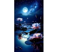 Umfarvt 5D Diamond Art Painting,Lotus Moon Lake Diamond Painting Kits for Adults,DIY Round Full Drill Canvas Embroidery Cross Stitch,Diamond Arts Crafts Painting Pictures for Home Wall Decor 60x130cm