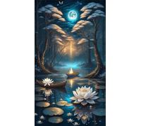 Umfarvt 5D Diamond Art Painting,Lotus Moon Tree Diamond Painting Kits for Adults,DIY Round Full Drill Canvas Embroidery Cross Stitch,Diamond Arts Crafts Painting Pictures for Home Wall Decor 60x130cm