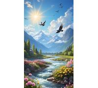 Umfarvt 5D Diamond Painting,Nature Rivière Mouette Diamond Painting Kit Complet pour Adulte,DIY Round Drill Cristal Strass Broderie Point de Croix Peinture Diamant pour Décoration Intérieur 100x210cm