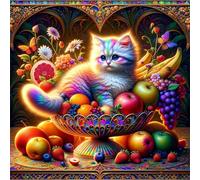 Umfarvt 5D Fruit Bowl Cat Diamond Painting Kits for Adults Kids,DIY Square Full Drill diamond art painting kits,Canvas Embroidery Diamond Art Craft for Home Wall Decor 70x70cm