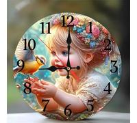 Umfarvt Wall Clock 10Inch, Arabic Numeral Round Wall Hanging Clock with Ultra-Quiet Movement Quartz, Battery Operated Silent Wall Clocks for Bedroom Office Living Room Classroom(Birds Girl)