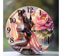 Umfarvt Wall Clock 12Inch, Arabic Numeral Round Wall Hanging Clock with Ultra-Quiet Movement Quartz, Battery Operated Silent Wall Clocks for Bedroom Office Living Room Classroom(Peony Girl)