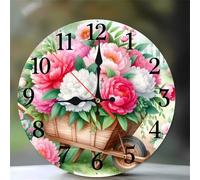 Umfarvt Wall Clock 14Inch, Arabic Numeral Round Wall Hanging Clock with Ultra-Quiet Movement Quartz, Battery Operated Silent Wall Clocks for Bedroom Office Living Room Classroom(Peony Cart)